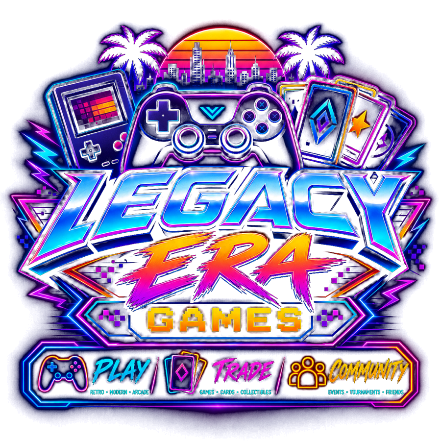 Legacy Era Games emblem: a neon controller, handheld, and trading cards beneath a Miami skyline at sunset.